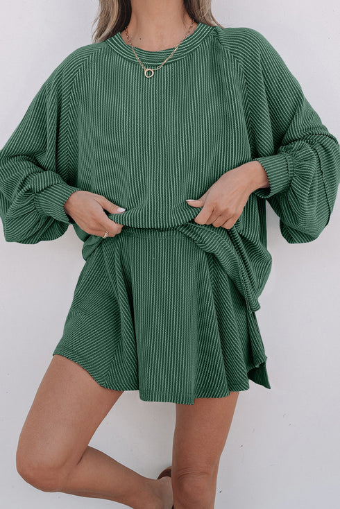Corded Lantern Sleeve Top Ruffled Mini Skirt Two Piece Dress